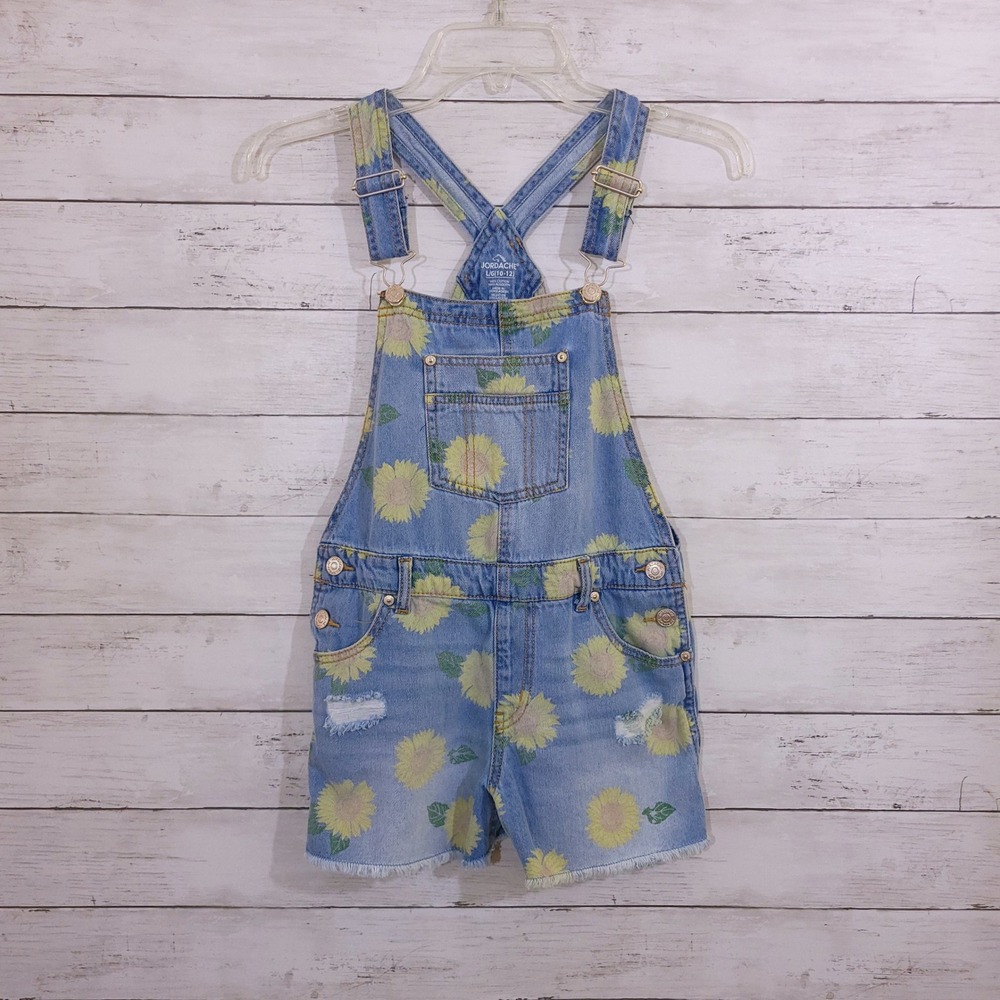 Jordache Kids Sunflower Print Distressed Denim Shortalls Blue Yellow Size 10-12